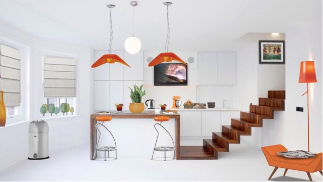 white and orange kitchen 