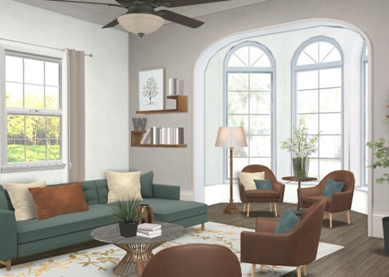 Living room with dark teal and camel accents Design Rendering