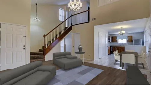Living room with area rugs dining room table with lights