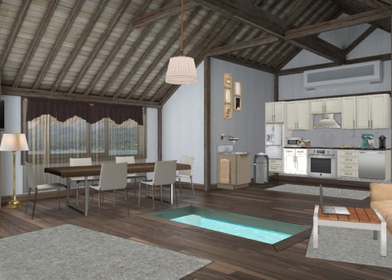 Living room, kitchen and dining room Design Rendering