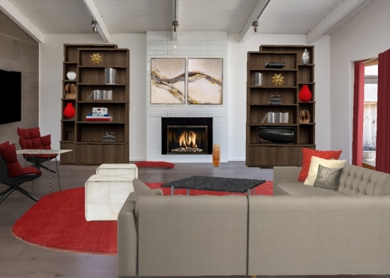 Living room, neutral with pop of red. Design Rendering