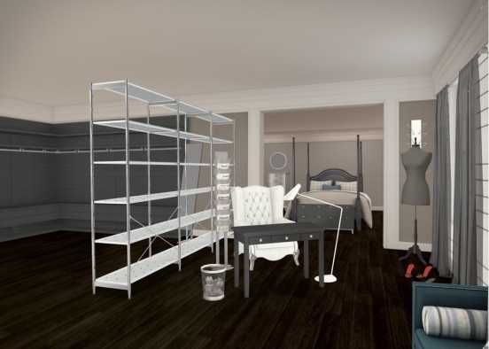 Multi use grey black and white room with teal accents Design Rendering