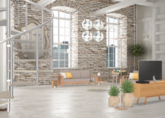 Beige Midcentury Modern Living Room Design Rendering