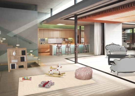 living room , kitchen , dinning room and play room Design Rendering
