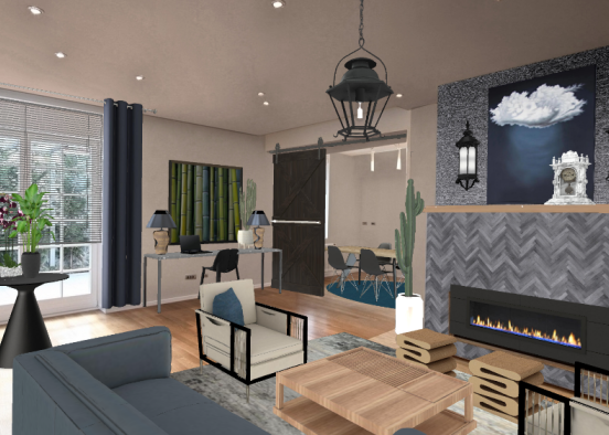 Livingroom: blue blonde and black Design Rendering