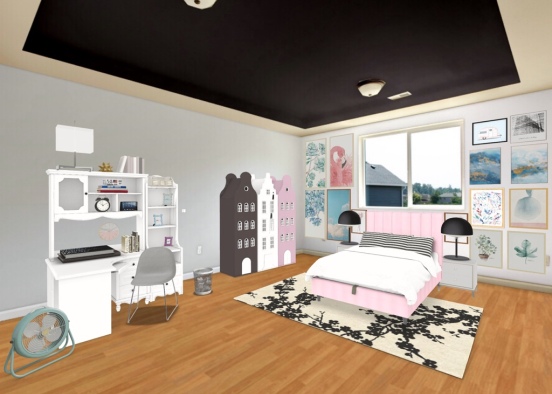 A cute white,black,and pink bedroom that is beautiful and calming Design Rendering