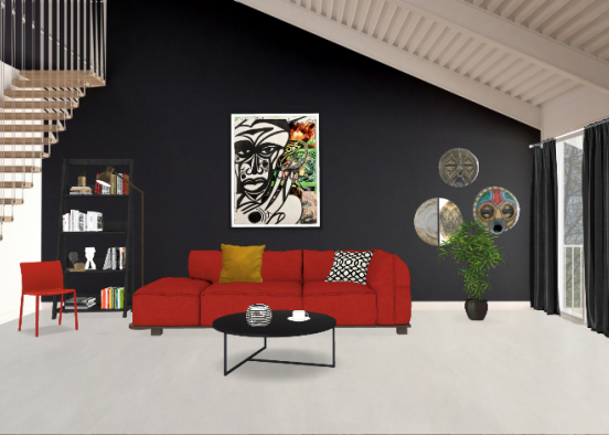 Black&Red Living Room Design Rendering