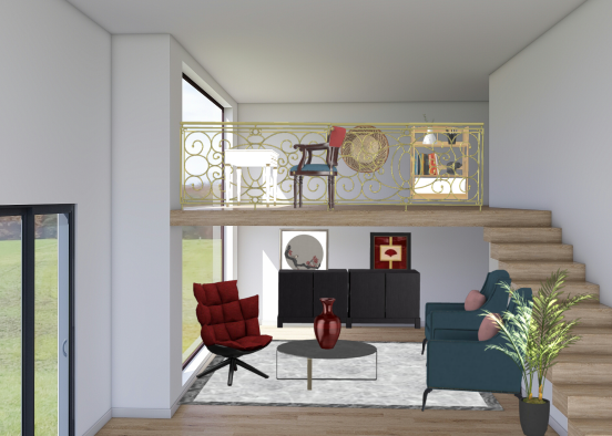 A living room with a home office  Design Rendering