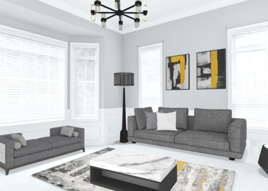 grey and black living room with a tinge of yellow  Design Rendering