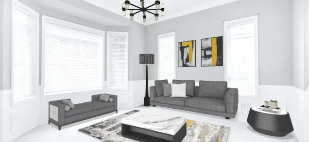grey and black living room with a tinge of yellow 