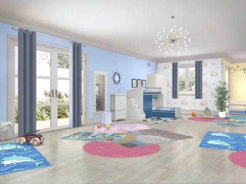 Kinderzimmer für ein baby und zwei Kinder in blau gelb Blume 