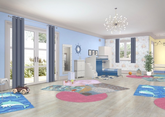 Kinderzimmer für ein baby und zwei Kinder in blau gelb Blume  Design Rendering