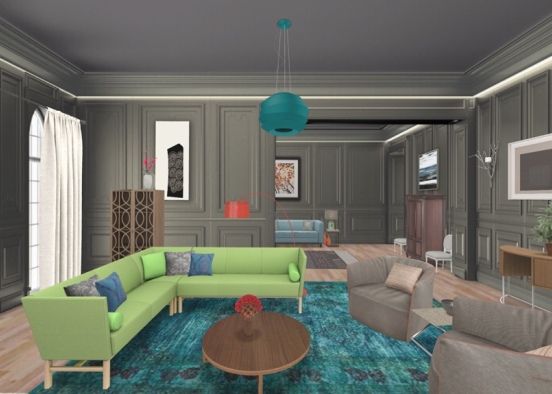 Living Room with Green Design Rendering