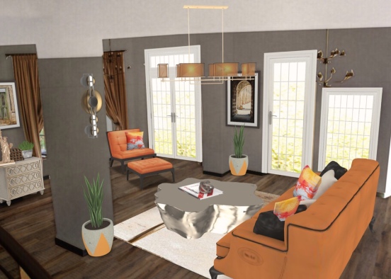 Pop of orange living room Design Rendering