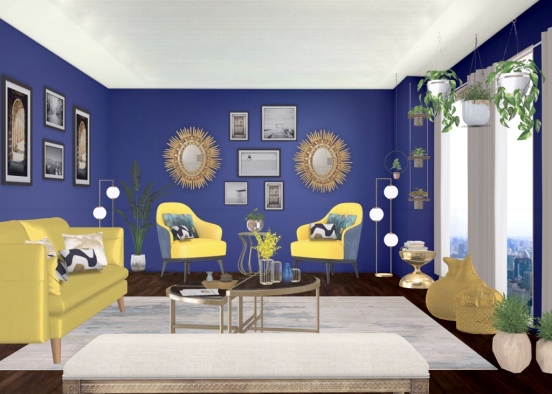 Blue & Gold living room with a view Design Rendering