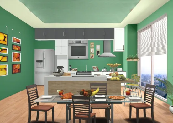 JingTM designs: Cozy Kitchen and Dining rooms in one. Design Rendering