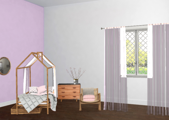 Lovely teen room with a theme of a light baby pink. Wooden structures that tie in with the pink theme. Design Rendering