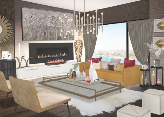white and gold living room Design Rendering