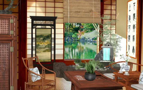 Oriental Zen Living Room With Water Feature