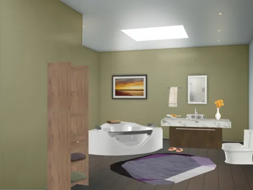 triadic green, purple, orange bathroom