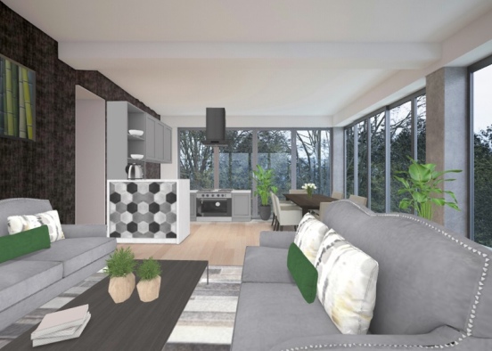 green and grey living area Design Rendering