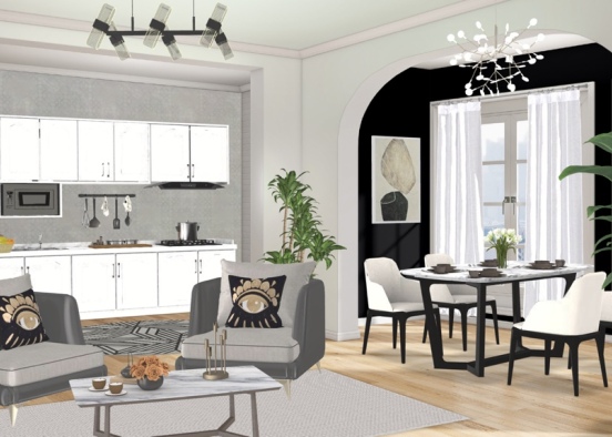 Dining room + kitchen + Living room Design Rendering