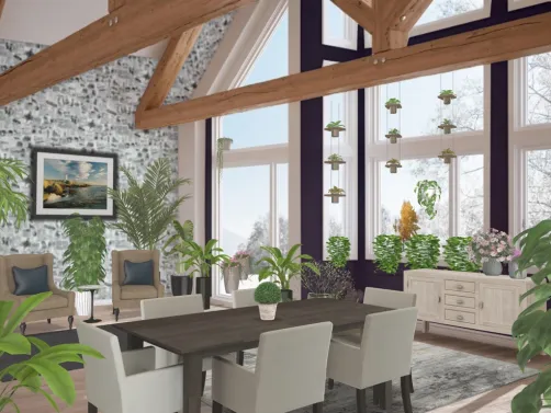 dinning room, hues of blue, white and wood.