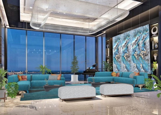 teal living room with a stunning view Design Rendering