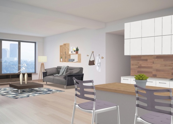 Trendy Living Room & Kitchen Design Rendering