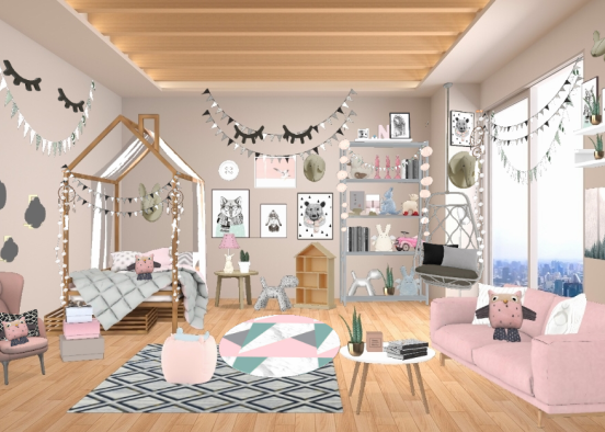 Blush pink and grey bedroom. Design Rendering