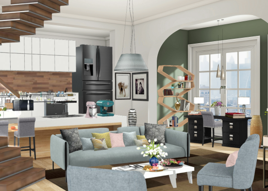 Kitchen, studio and livingroom. Design Rendering