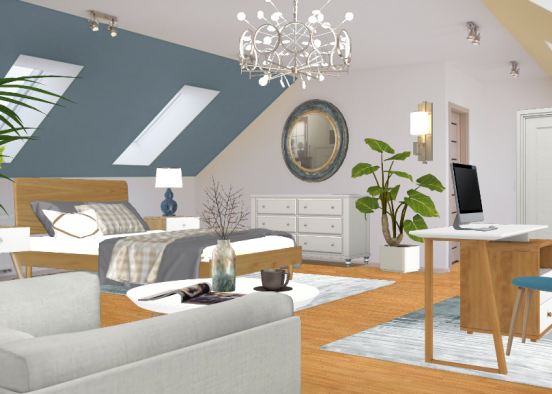 Cosy bedroom with an office area Design Rendering