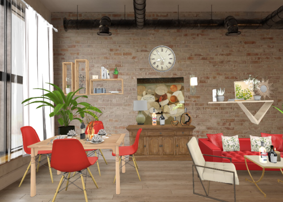 Living and dinning room reddish Design Rendering