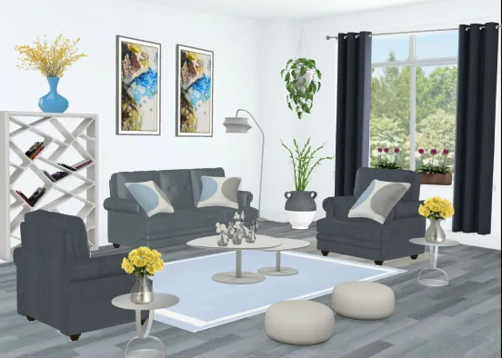 Blue & White Living Room w/Yellow Accents Design Rendering