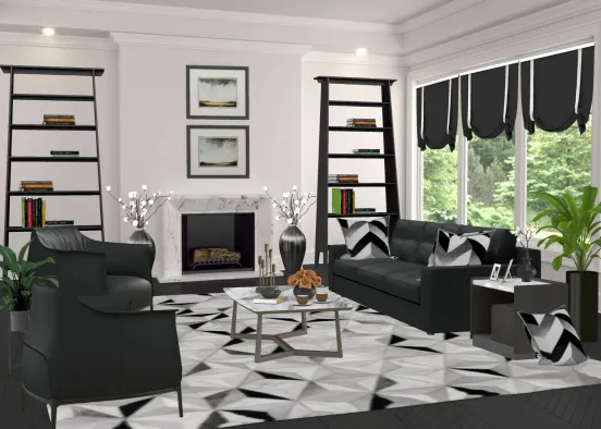 Black White and Marble Living Room Design Rendering