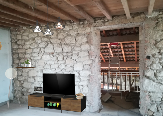 Salon avec mur de pierre 💜 Design Rendering