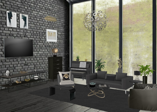 Elegant and Sleek Black, White, and Gold Living Room Design Rendering