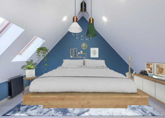 Petit chambre dans les ton bleu avec des murs mansardée  Design Rendering