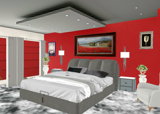 Red/white/grey/black bedroom. Design Rendering