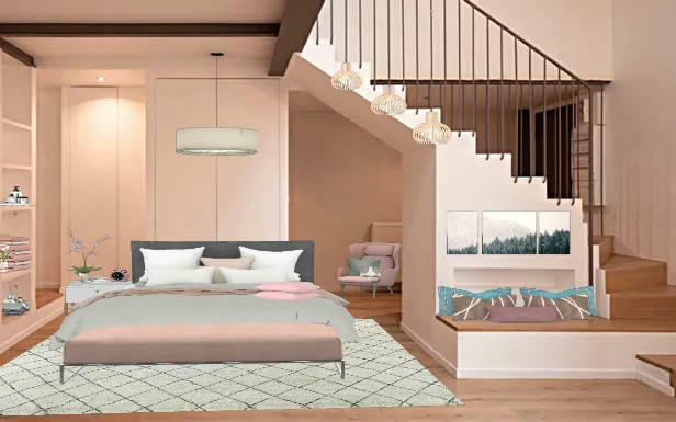 Morandi colors bedroom Design Rendering