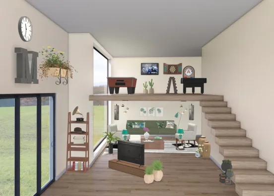 cozy green living and games  Design Rendering