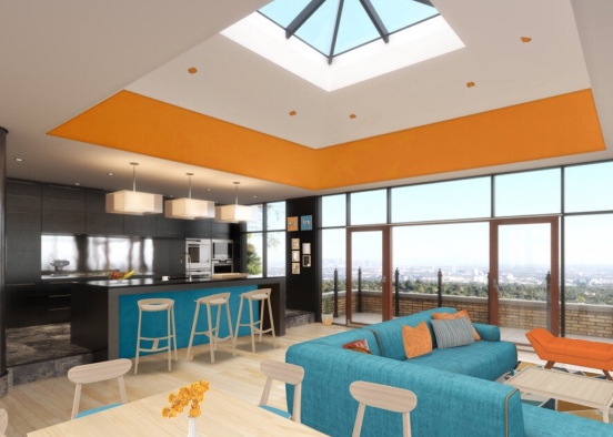 #Blue & Orange Kitchen and Living Design Rendering