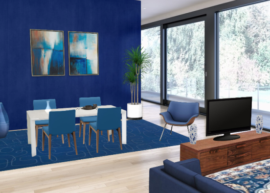 Blue living and dining room Design Rendering