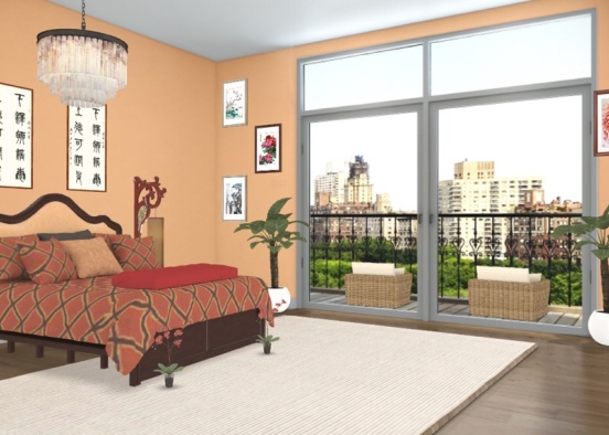 Americ-Asian Bedroom Design Rendering