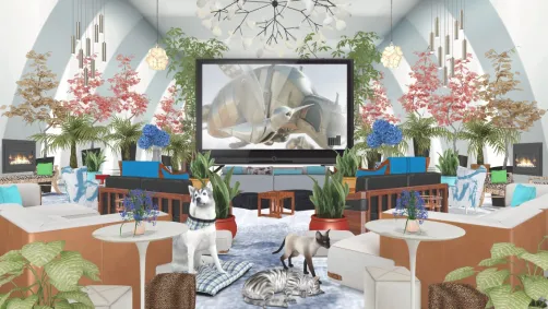 Theater room with comfy couches