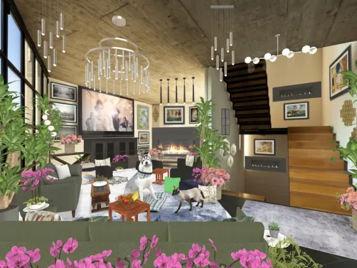 Cozy fireplace den with plants and color