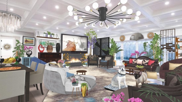 Dining and den combo with fireplace