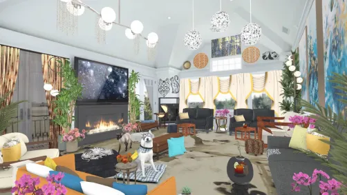 Cozy fireplace den living room black and gold
