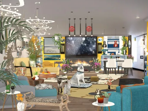 Cozy fireplace  kitchen living room combo