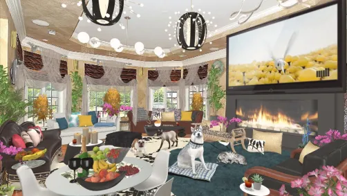 den and dining with cozy fireplace